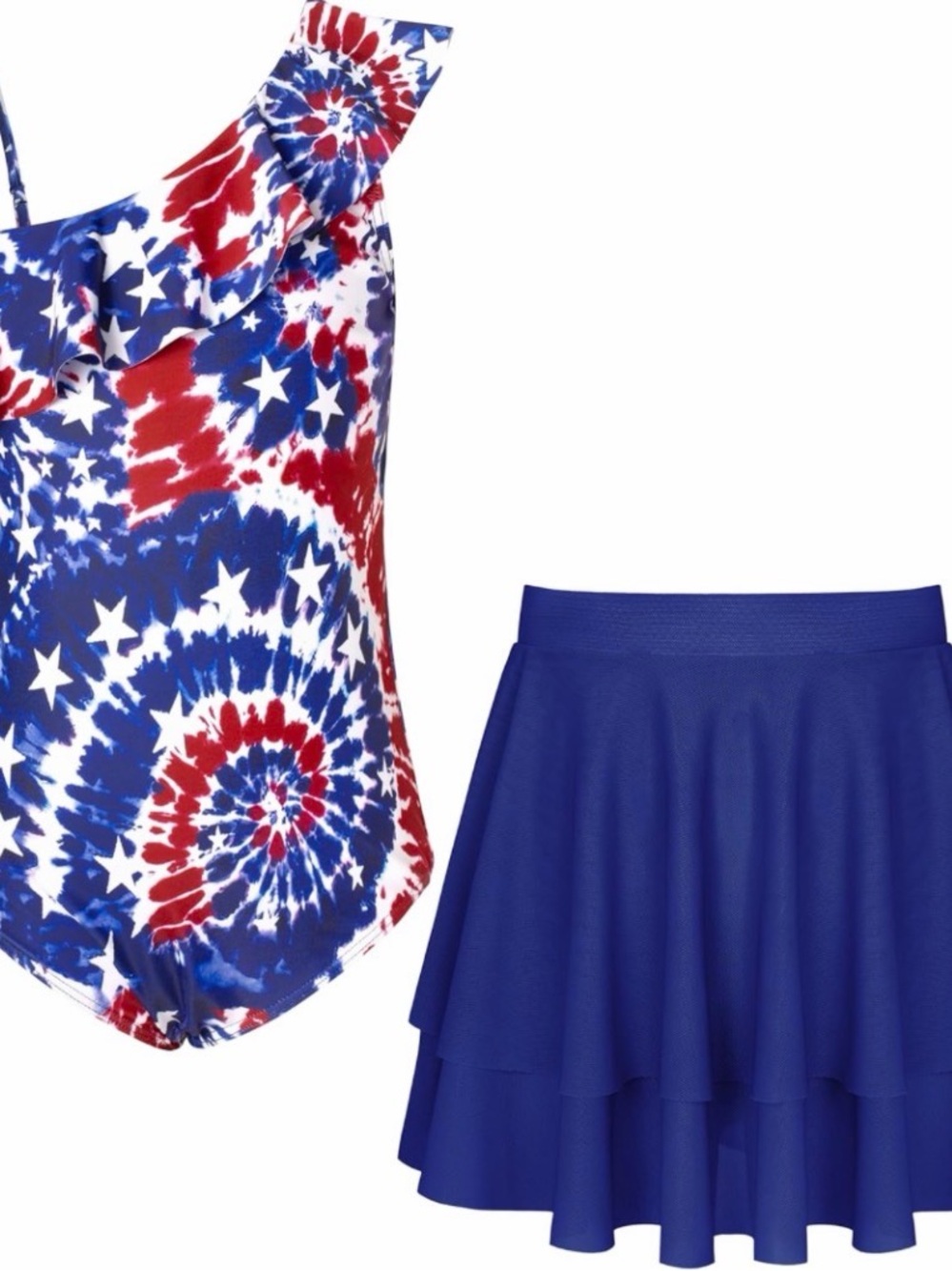 Grace Karin Red, White, and Blue Tie-Dye Star One-Piece with Blue Layered Skirt